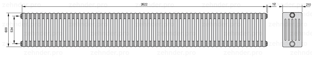 Схема (чертеж) Радиатор Zehnder Charleston 6060/57 №1270 Белый глянцевый RAL 9016